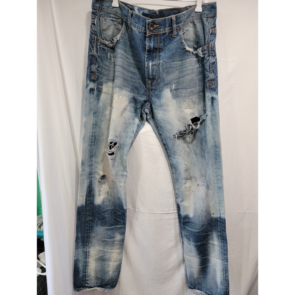 AKOO Men Jeans Blue Size 36 Distressed Ripped Paint Splatter Denim